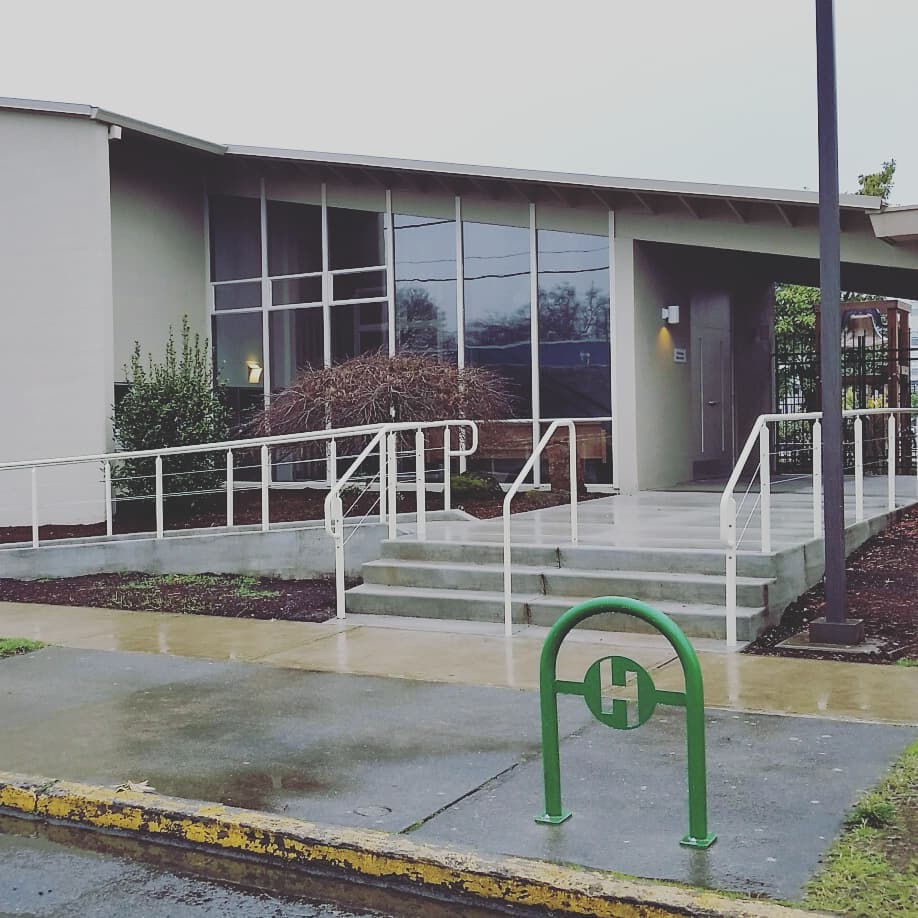 Entry to church with Hillsboro bike rack in front